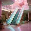 Vaporwave aesthetic 80's mall escalator with neon lights, AI-generated.
