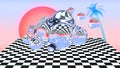 Vaporwave aesthetics landscape with checkered floor, water splash or glass bubbles, palm tree and a sunset. 80s or 90s