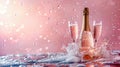 Vaporwave Celebration: Champagne Bottle, Flutes, and Bubbles on Colored Background Royalty Free Stock Photo