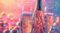 Vaporwave Celebration: Champagne Bottle, Flutes, and Bubbles on Colored Background Royalty Free Stock Photo