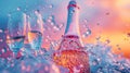 Vaporwave Celebration: Champagne Bottle, Flutes & Bubbles on Colorful Background Royalty Free Stock Photo