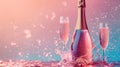 Vaporwave Celebration: Champagne Bottle, Flutes & Bubbles on Colorful Background Royalty Free Stock Photo