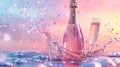 Vaporwave Celebration: Champagne Bottle, Flutes & Bubbles on Colorful Background Royalty Free Stock Photo