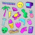 Vaporwave Fashion Funky Elements with Heart, Icecream and Planet for Stickers, Badges