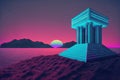 Vaporwave landscape with abstract building with pillars. 80s styled pink and blue minimalistic architectural scene