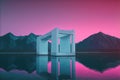 Vaporwave landscape with abstract building with pillars. 80s styled pink and blue minimalistic architectural scene