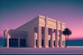 Vaporwave landscape with abstract building with pillars. 80s styled pink and blue minimalistic architectural scene