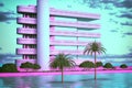 Vaporwave landscape with abstract building with pillars. 80s styled pink and blue minimalistic architectural scene