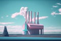 Vaporwave landscape with abstract building with pillars. 80s styled pink and blue minimalistic architectural scene