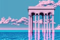 Vaporwave landscape with abstract building with pillars. 80s styled pink and blue minimalistic architectural scene