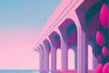 Vaporwave landscape with abstract building with pillars. 80s styled pink and blue minimalistic architectural scene