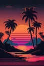 Vaporwave landscape with mountains, sea, sun and palm trees, created using generative ai technology Royalty Free Stock Photo