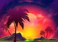 Vaporwave landscape with rocks and palms