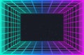 Vaporwave retro futuristic background. Abstract laser grid tunnel in neon colors with glow effect. Night sky with stars