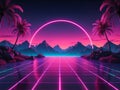 vaporwave retro futuristic landscape with glowing neon light terrain palm trees and sunset halo over mountains horizon