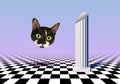 Vaporwave styled landscape with checkered floor, ancient column and cat head