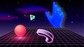 Vaporwave or synthwave abstract concept with glitchy glowing hand, neon shapes and grid floor. 80s or 90s styled surreal