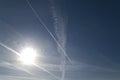 Vapour trails in sunny sky