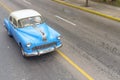 VARADERO, CUBA - JANUARY 05, 2018: Classic blue Pontiac retro car rides on the road of Varadero in Cuba Royalty Free Stock Photo