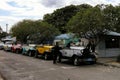 Varadero, Cuba - January 16th, 2012 - Model A taxis waiting at a Cuban taxi stand