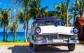 American blue white 1956 vintage car parked direct on the beach in Havana Cuba - Serie Cuba Royalty Free Stock Photo