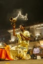 Varanasi, India - Hindu priests perform an Arti worship ceremony Royalty Free Stock Photo