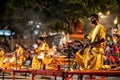 Varanasi, India - Hindu priests perform an Arti worship ceremony Royalty Free Stock Photo