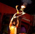 Hindu priest performs the Ganga Aarti ritual. Royalty Free Stock Photo