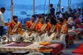 Hindu priest performs the Ganga Aarti ritual in Varanasi. Royalty Free Stock Photo