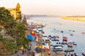 Varanasi Ganges river ghat with ancient city architecture as viewed from a boat on the river at sunset