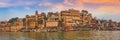 Varanasi historic city architecture panoramic view on the banks of river Ganges at sunset