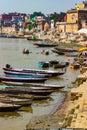 Varanasi, India - August 20, 2009: boats on the banks of the Ganges in Varanasi, Uttar Pradesh Royalty Free Stock Photo