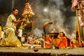 Varanasi, India - Hindu priests perform an Arti worship ceremony Royalty Free Stock Photo