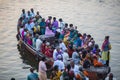 Pilgrims on boat floating on the waters of sacred river Ganges early morning. Royalty Free Stock Photo