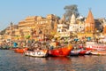 Varanasi, India, 23 March 2019 - Varanasi Ganges river ghat with ancient city architecture during early beautiful Royalty Free Stock Photo