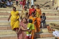 Varanasi, India- March 17, 2017: The indian happy big family on the bank of the Ganges River, editorial