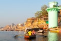 Varanasi, India, 23 March 2019 - Varanasi Ganges river ghat with ancient city architecture during early beautiful Royalty Free Stock Photo