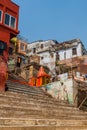 VARANASI, INDIA - OCTOBER 25, 2016: View of Narad Ghat riverfront steps leading to the banks of the River Ganges in