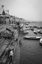 Varanasi, India - People washing clothes at ghat in Ganges, or Ganga, the hallowed river of Hindu belief.