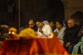 Devotees participating in holy river ganga aarti in varanasi Royalty Free Stock Photo