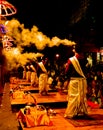 Varanasi, Uttar pradesh, India-02/21/2020: Some Brahman priest doing Ganga aarti at Varanasi ghat, India
