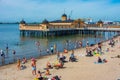 Varberg, Sweden, July 12, 2022: Bathhouse at a beach in Swedish Royalty Free Stock Photo