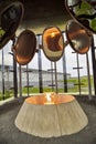 Vardo, Norway - 23 June 2019: Stylized bonfire and mirrors in a black cubic building with glass in the Museum a memorial dedicated