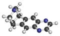 Varenicline smoking cessation drug molecule. Atoms are represented as spheres with conventional color coding: hydrogen (white),