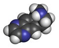 Varenicline smoking cessation drug molecule. Atoms are represented as spheres with conventional color coding: hydrogen (white),