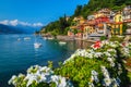 Varenna resort with colorful houses and boats on the lake