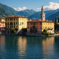 Varenna town in Como lake district. Italian traditional lake village. Italy, Europe. made with Generative AI