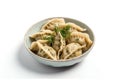 Varenyky Dumplings Dish On White Background. Ukrainian National Food. Generative AI Royalty Free Stock Photo