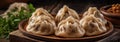 Varenyky Ukrainian Dumplings On Stone Rustic Pub Ukrainian Dishes Wide Panoramic. Generative AI