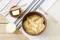 Varenyky, vareniki, pierogi, pyrohy or dumplings served with sour cream and butter. Royalty Free Stock Photo